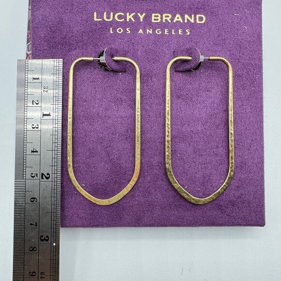 Lucky Brand Hammered Long Gold Tone Brutalist Hoop Earrings New In Box - Picture 6 of 9